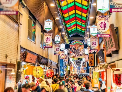 Busy covered food market in Kyoto